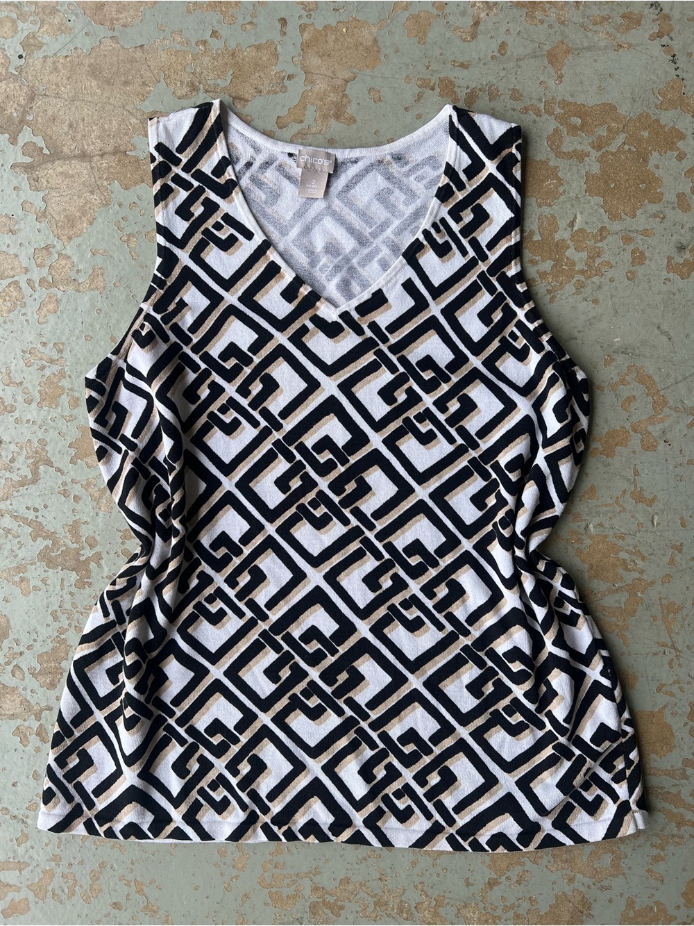 Chico’s  Women’s Black & Cream Geometric V-Neck Tank Top